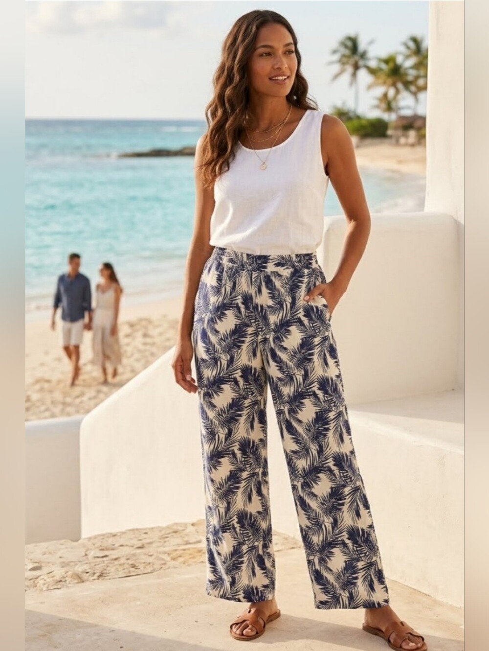 Panama Jack Palazzo Pants Size L - Blue and White Tropical Print. Women's Pants